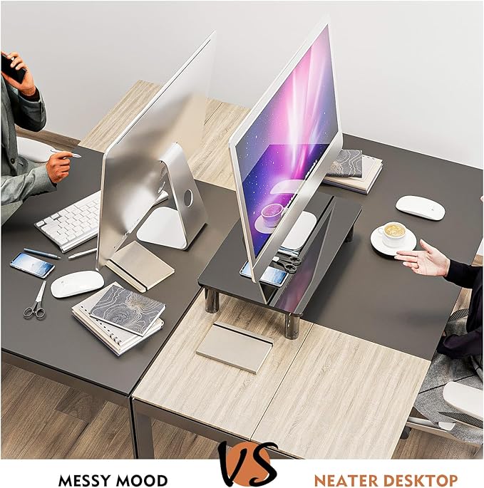 Glass Computer Monitor Stand Riser with Height Adjustable Multi Media Desktop Stand for Flat Screen LCD LED TV, Laptop/Notebook/Xbox One, Black HD01B-002