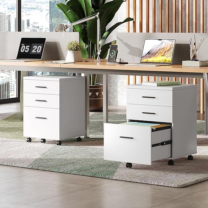 DEVAISE 3 Drawer File Cabinet for Home Office, Wood Under Desk Filing Cabinet, Rolling Printer Stand with Wheels, White
