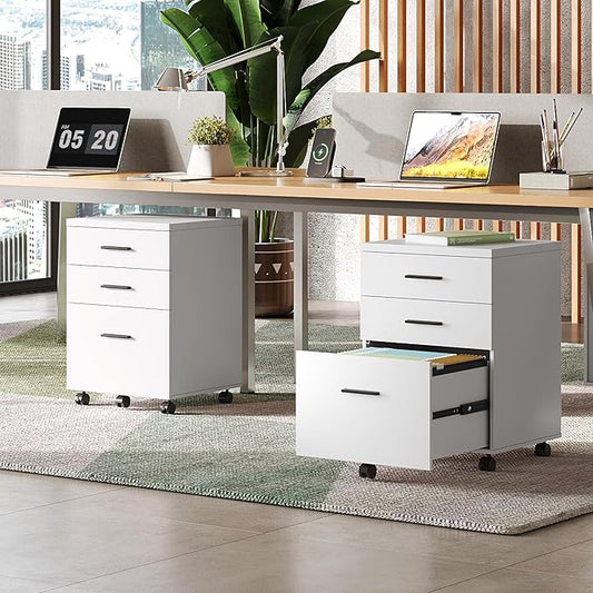 DEVAISE 3 Drawer File Cabinet for Home Office, Wood Under Desk Filing Cabinet, Rolling Printer Stand with Wheels, White