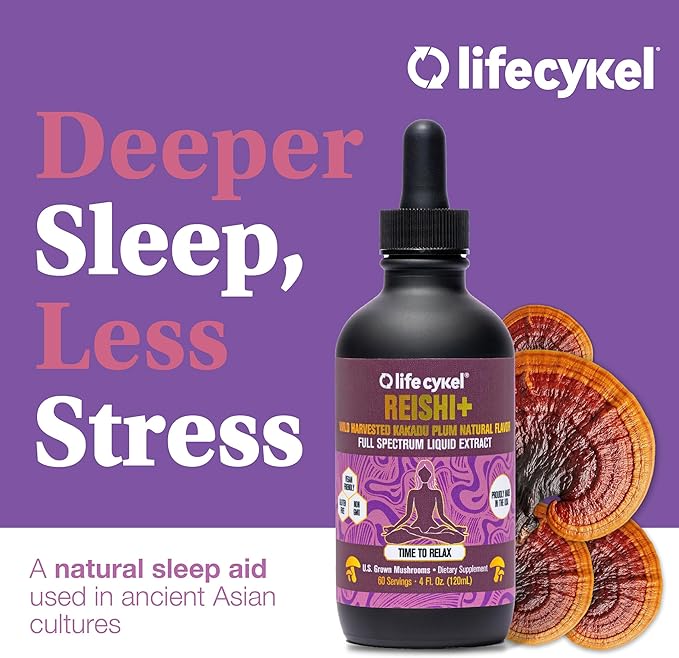 Life Cykel - Reishi Mushroom Extract w/Kakadu Plum- Adaptogen for Sleep Help, Relaxation & Cellular Support- 100% Organic Mushrooms, Antioxidants Vitamin C, 2oz (Packaging May Vary)