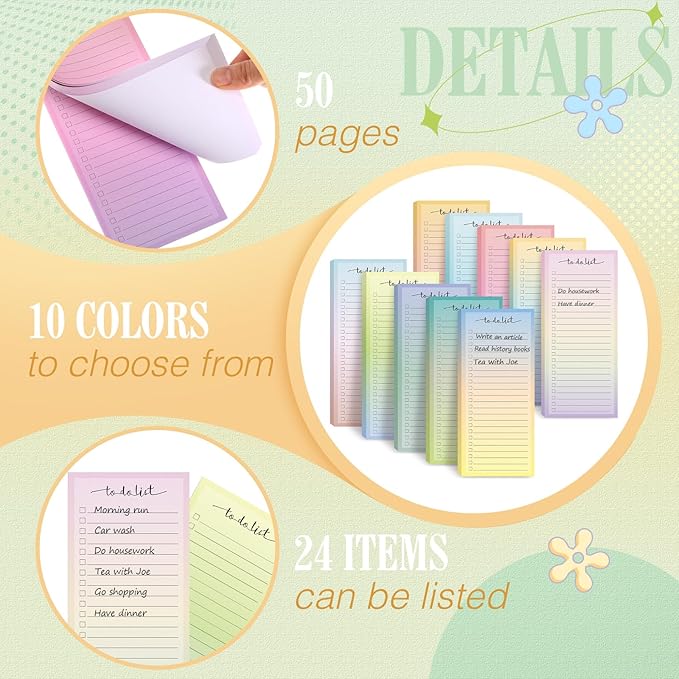 Censen 10 Pack 500 Sheets To Do List Notes Daily Checklist Notepads with 50 Sheets Each Undated Color Memo Pad Block Shopping List Pad Weekly Plan Notepad Organizer Planners(Vivid Color,Lined)