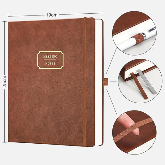 EMSHOI Meeting Notebook for Work with Action Items - 320 Pages B5 Thick Project Planner Agenda Organizer Work Notebook for Women Men Office Business Notes, PU Leather Hardcover, 7.5" x 10", Coffee
