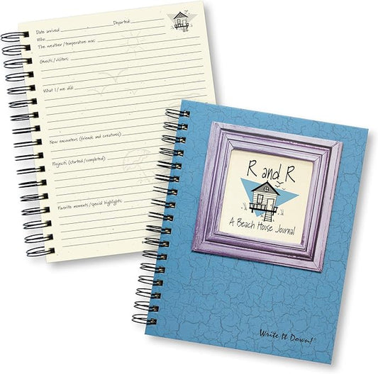 Write it Down series by Journals Unlimited, Guided Journal, R and R, A Beach House Journal, Full-size 7.5"x 9", Blue Hard Cover, Made in USA
