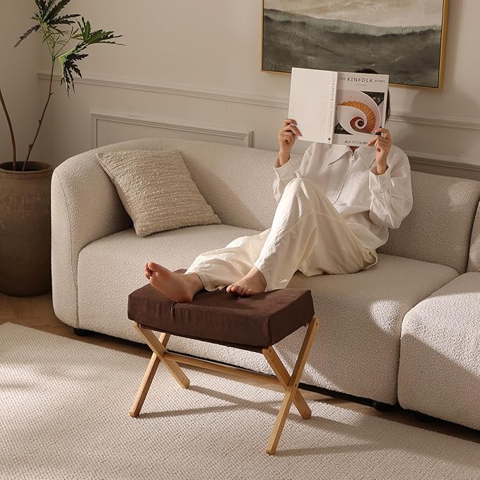 Folding Footrest Stool, Small Accent Ottoman with Thick Cotton Cushion & Bamboo X Legs, Modern Padded Sofa Stool for Makeup Bedroom Living Room (Brown)