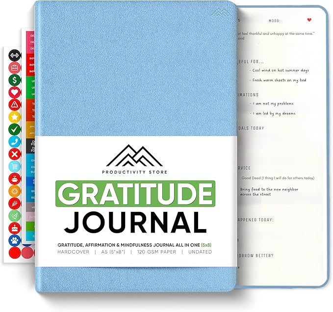 PRODUCTIVITY STORE Gratitude & Self-Care Journal - Guided Mindfulness & Mental Health Journal All-in-One with Prompts for Self Discovery - Daily Journal for Men & Women (A5, Blue)