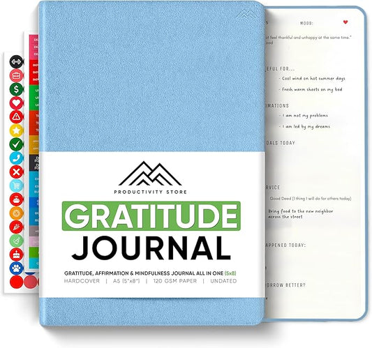PRODUCTIVITY STORE Gratitude & Self-Care Journal - Guided Mindfulness & Mental Health Journal All-in-One with Prompts for Self Discovery - Daily Journal for Men & Women (A5, Blue)