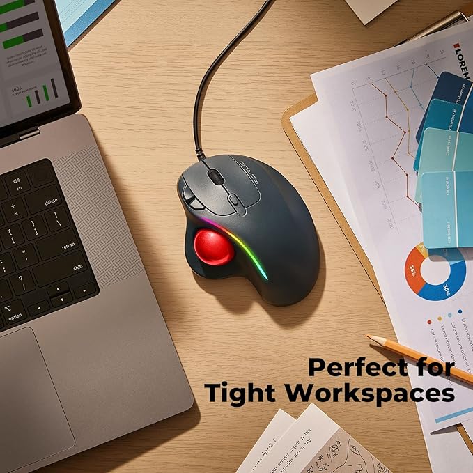 Wired Trackball Mouse with RGB Lighting, Ergonomic Thumb Control to Reduce Muscle Strain, 5 Adjustable DPI, Dual USB-C & USB-A Connectivity, Compatible with PC, Laptop, Mac, Windows-Red