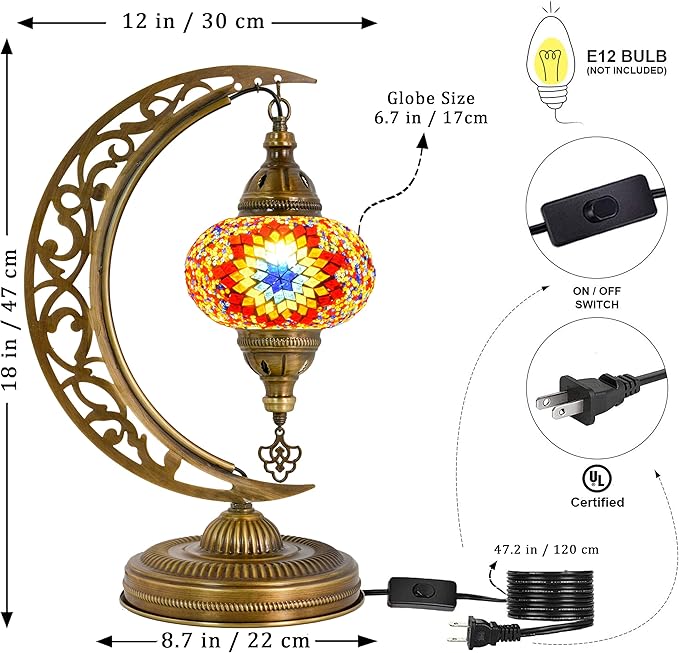 mozaist Turkish Tiffany Style Moon Shape Table Lamp, Moroccan Mosaic Crescent Handcraft Desk Light, Rustic Stained Glass Dining Room, Bedside Colorful Home Decor with E12 Socket & US Plug (Sunflower)