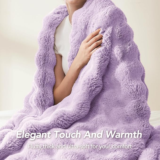 L'AGRATY Faux Fur Throw Blanket: 60" x 80" Luxury Soft Fluffy Rabbit Fur Blankets Twin for Couch Bed Sofa - Cozy Plush Bubble Blankets for Winter: Flannel Fleece Decorative Blanket(Purple)