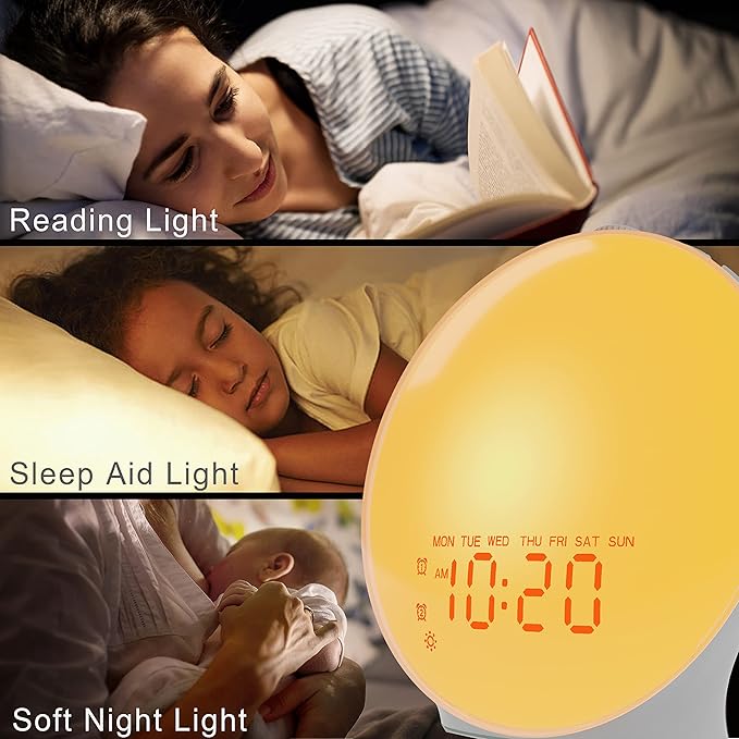 Wake Up Light Sunrise Alarm Clock for Bedroom, 17 Nightlights, Sound Machine with 5W Bluetooth Speaker, 25 Soothing Sounds, SleepTimer, Dual Alarms, FM Radio, Ideal Gift for Baby, Kids, Adults, Senior