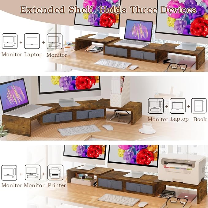 TEAMIX Dual Monitor Stand Riser - Length and Angle Adjustable White Monitor Stand with 2 Drawers to Storage Large Computer Riser for 2 Monitors/Laptop/PC, Wood Screen/TV Stand Desk Organizer (Brown)