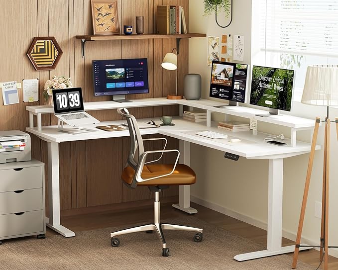 AODK Electric L Shaped Standing Desk, 59 Inch Height Adjustable Stand Up Desk with Power Outlets ＆ Full Monitor Stand, Reversible Corner Desk for Home Office ＆ Computer Workstation, White