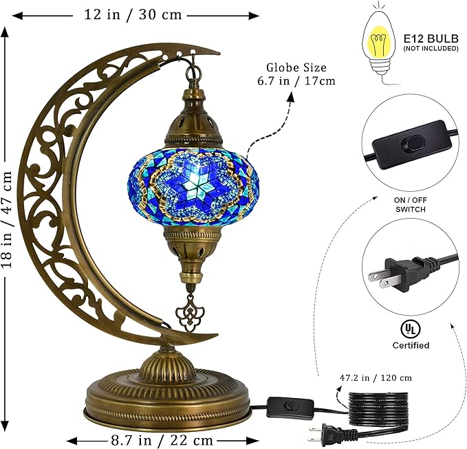 mozaist Moroccan Mosaic Crescent Shape Table Lamp, Turkish Moon Tiffany Style Handmade Desk Dim Light, Farmhouse Living Room Luna Lighting, Unique Turkish Gift with E12 Socket & US Plug (Sea Blue)