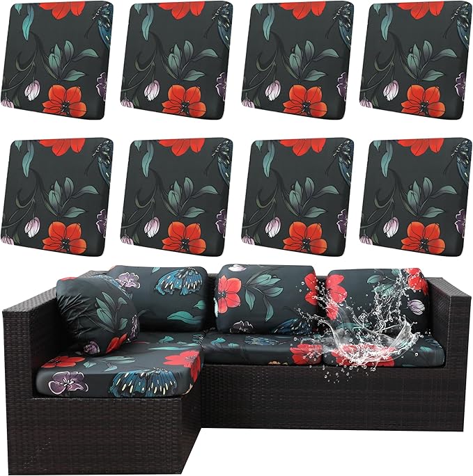8Pcs Outdoor Cushions Covers Waterproof, Patio Cushion Covers, Stretch Cushion Covers Replacement,Cushion Slipcovers, Furniture Cushion Covers (Peony, 8PCS-Print)