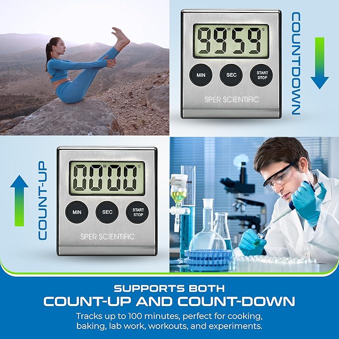 Sper Scientific Stainless Steel Digital Lab + Kitchen Timer 810028A – Compact Design Timer with Large Display & Loud Alarm - for Cooking, Baking, Labs, Workouts & More - 4 pc