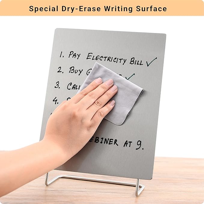 Magnetic Bulletin Board with Stand – Small Dry Erase Memo Board – Tabletop Metal Easel for Magnet Display – 10x8 Inches + 2 Magnets