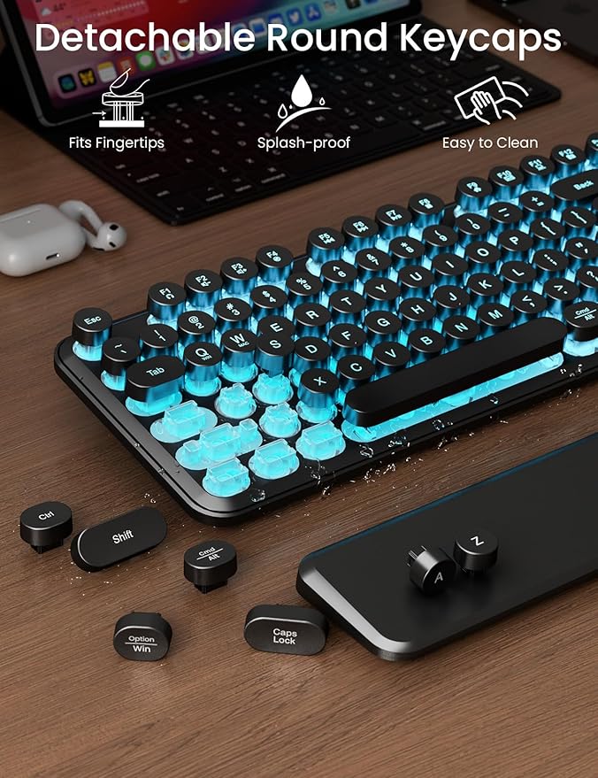 Wireless Keyboard and Mouse Backlit - Typewriter Keyboard with Detachable Wrist Rest, Retro Round Keycaps, Light Up Letters, 2.4G Cordless Combo for Mac, Windows, PC, Laptop, Trueque [2024 Upgraded]