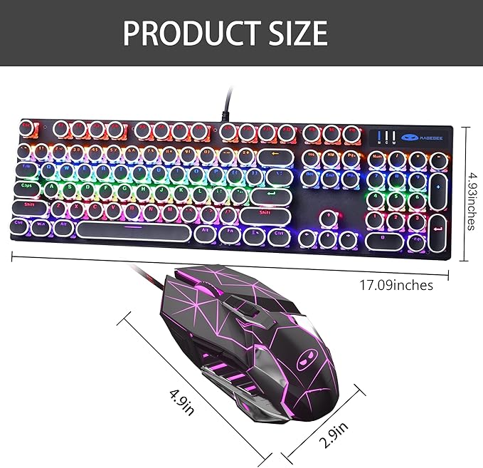 Retro Typewriter Keyboard and Mouse Combo, Cute Black Keyboard with Linear Red Switches, Full Size Wired Mechanical Gaming Keyboard, Cool Light Up Keyboard and Mouse for Gaming,Work,Mac,PC,Windows