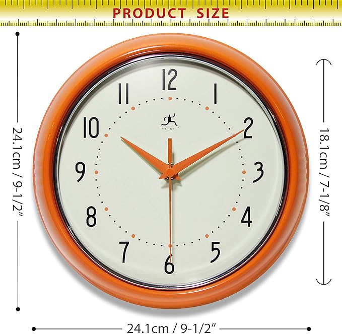 Infinity Instruments LTD. Retro 9 inch Silent Sweep Non-Ticking Mid Century Modern Kitchen Diner Wall Clock Quartz Movement Retro Wall Clock Decorative (Orange)…