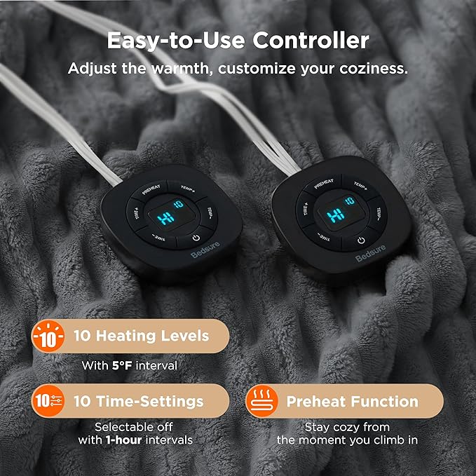 Bedsure Electric Blanket Queen Size - Thick Striped Flannel Electric Blanket with Dual Control, Heating with 10 Heat Settings & 10 Time Settings, 8 hrs Timer Auto Shut Off (84x90 inches, Grey)