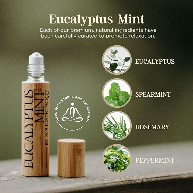 Eucalyptus Mint Essential Oil Roll On – Aromatherapy Blend w/Peppermint, Spearmint, Rosemary – Breathe Rollerball for Self Care, Spa, Energy, Wellness – 10ml Bottle - for Men & Women