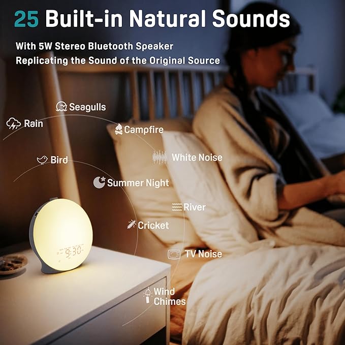 JALL Sunrise Alarm Clock White Noise Sound Machine with 22 Soothing Sounds, 17 NightLights, Bluetooth Speaker, Wake Up Light Alarm Clock for Bedrooms, Heavy Sleepers, Ideal Gift for Baby, Kids Seniors