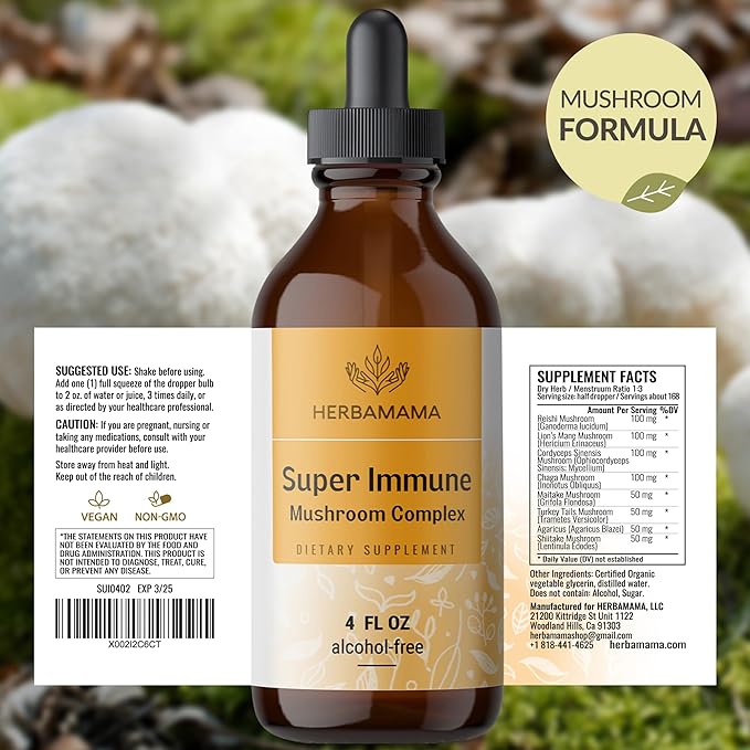 HERBAMAMA Super Immune Mushroom Supplement - Vegan 8-Mushroom Complex Blend with Reishi, Lion's Mane, Cordyceps & Chaga Extract - Non-GMO, Alcohol-Free, Sugar-Free Immunity Drops, 56-Day Supply