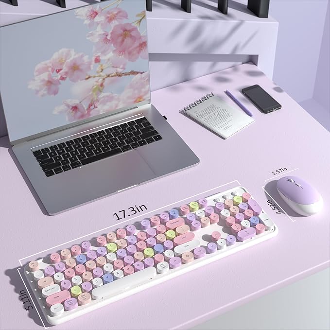 Colorful Wireless Keyboard and Mouse Combo, COVEVA 2.4GHz Wireless Retro Cute Round Keycaps Keyboard, 104 Keys Full-Sized Keyboard Mouse Set with Switch Button for PC Laptop Desktop (White Colorful)