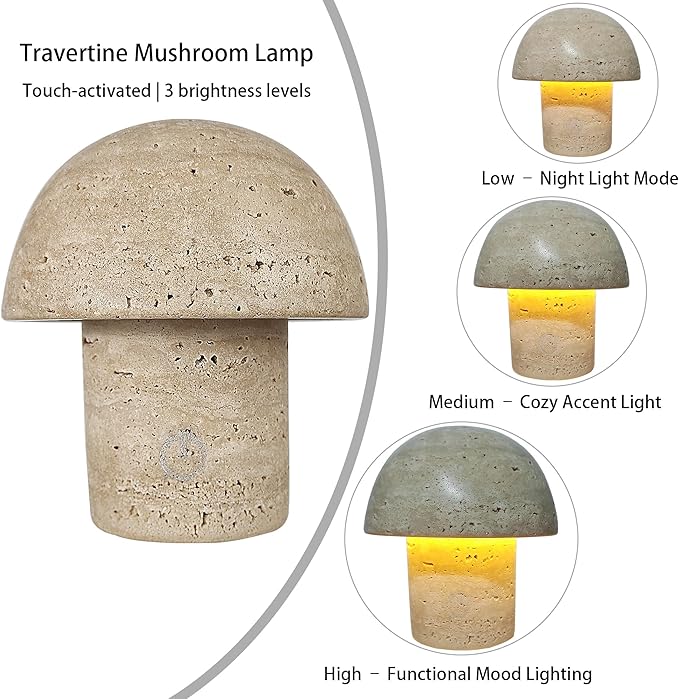 Natural Stone Mushroom Lamp - Handcrafted Travertine Night Light, Rechargeable with Type-C, Dimmable LED Accent Light for Bedroom & Living Room