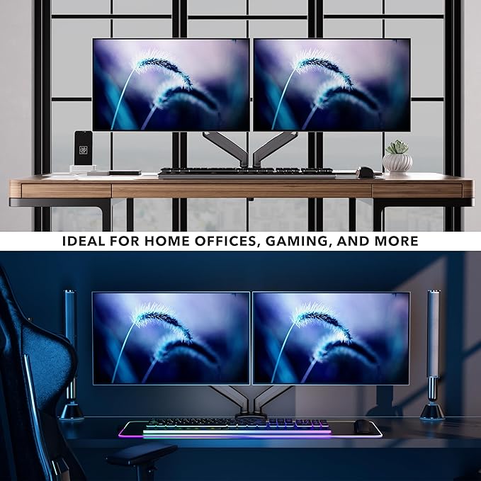 Mount-It! Dual Monitor Desk Mount – Full Motion Gas Spring Arms, Fits 13 to 32 Inch Screens, Holds 17.6 lbs per Arm, Dual Monitor Stand, VESA Mount, C-Clamp & Grommet Base