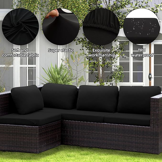 8Pcs Stretch Patio Cushion Covers Waterproof Outdoor Cushion Cover Patio Couch Cover Slipcovers, for Outdoor Furniture Protector Cover Replacement(Cover Only) (Black)