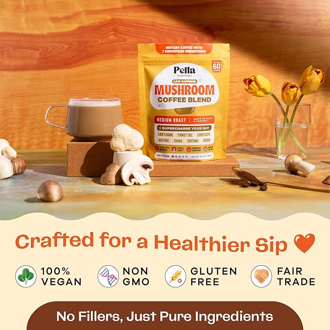 Organic Low-Caffeine Mushroom Coffee (60 Servings) with 7 Superfood Mushrooms, Great Tasting Instant Coffee, Includes Lion's Mane, Reishi, Chaga, Cordyceps, Shiitake, Maitake, and Turkey Tail