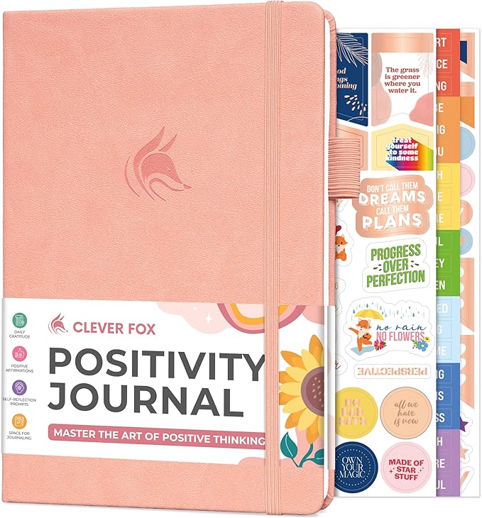 Clever Fox Positivity Journal – Daily Gratitude & Affirmation with Prompts – Motivational Mental Health Notebook with Habit Tracker (Light Pink)