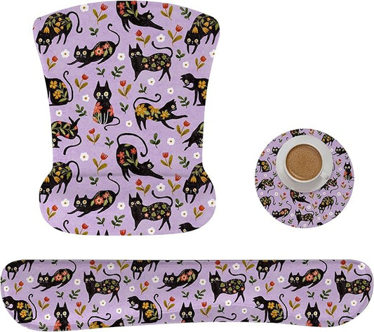 RICHEN Mouse Pad and Keyboard Wrist Rest, 3-in-1 Computer Mousepad and Coaster Set, Non-Slip Keyboard Wrist Rest and Mouse Pad Set Ergonomic Design (Flower Cats)