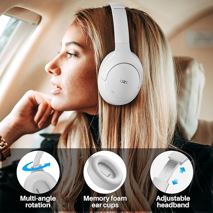 TOZO HT2 Hybrid Active Noise Cancelling Headphones, Wireless Over Ear Bluetooth Headset, 60H Playtime, Hi-Res Audio Custom EQ via App Deep Bass Comfort Fit Ear Cups, for Home Office Travel White