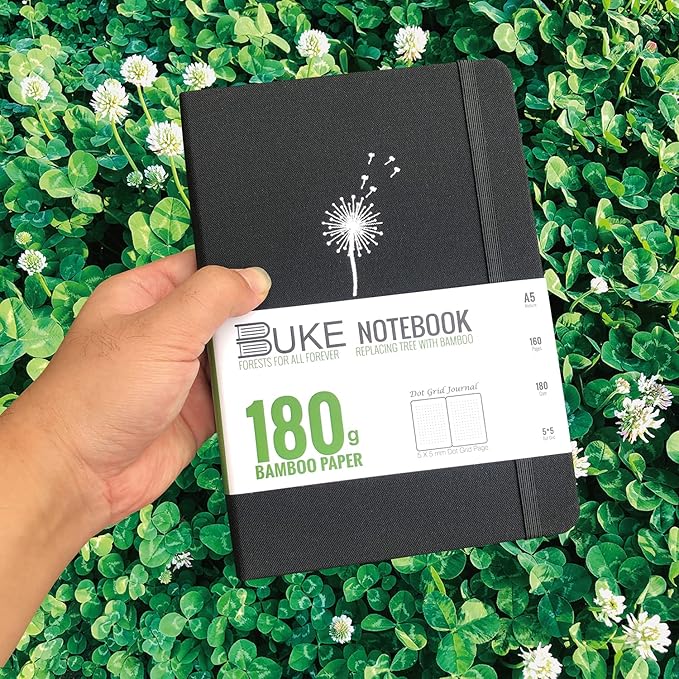 Dot Grid Notebook Dotted Journal,180Gsm Bamboo White Paper, 5 * 5MM Dots 160 Pages, Lay Flat Binding,Colored Silver Edges, Bookmarks and Expandable Back Pocket Dandelion