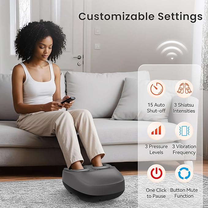 COMFIER Shiatsu Foot Massager with Heat, Electric Feet Massager Machine for Plantar Fasciitis Neuropathy,Gifts for Women,Men,Remote Control,Pause Function,Foot Warmer (Gray)