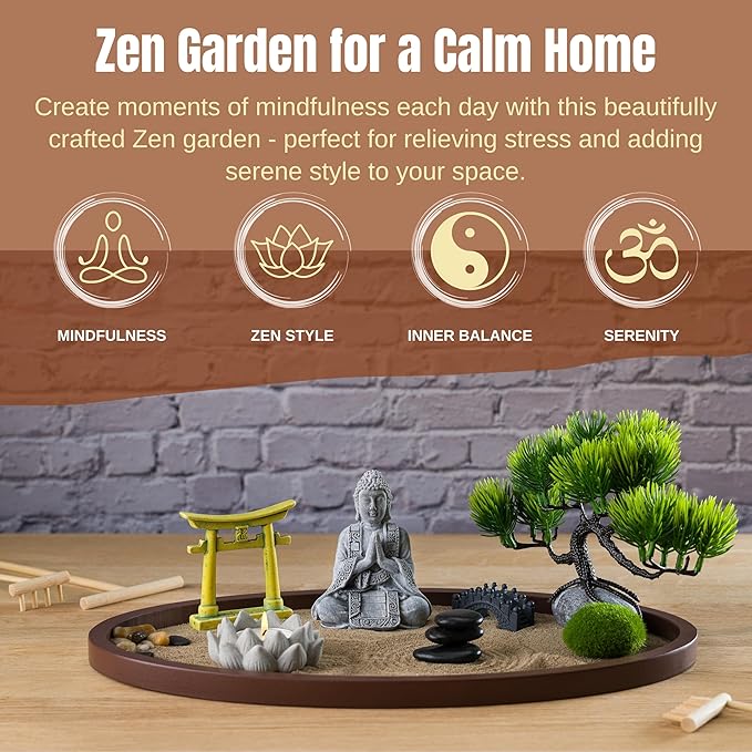 Zen Garden for Desk 13x8in – Japanese Decor with Buddha, Bonsai Tree, Tools & Accessories – Mini Zen Garden Kit for Office Desk, Home, Meditation Room, Desktop Gift Set, Sand Tray Therapy