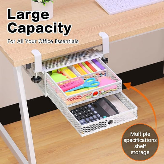 ROSLINE Under Desk & Desktop Drawer Organizer - 2-Tier Metal Slide Out Drawers Organizer, Storage for Home Office Desk (White)