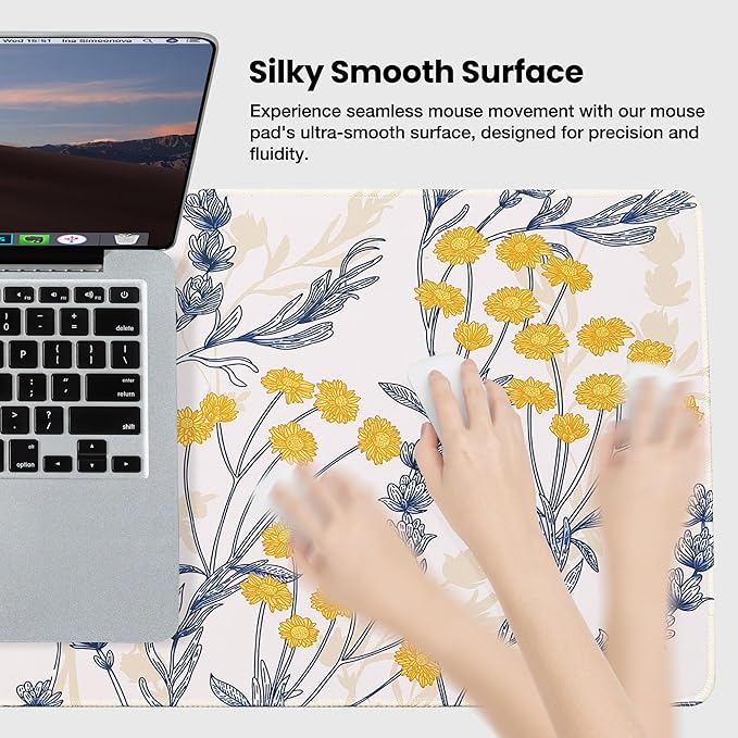 ALOANES Waterproof Mouse Pad with Durable Stitched Edge, Large Gaming Keyboard Pad, Non-Slip Rubber Base, Extended Desk pad for Gamer, Office & Home, Yellow Flower Mousepad 27.6''x 11.8''x 0.12''