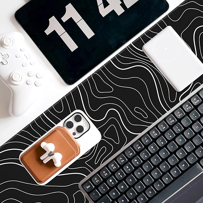 Minimalist Topographic Map Mouse Pad - Contour Extended Large Stitch Edge Mousepad. Black & White Non-Slip Gaming Desk Mat 31.5x11.8inch