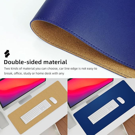 Leather Desk pad Protector, Large Desk mat with Natural Cork & PU Leather,Mouse pad,Non-Slip Office Desk Mat,Waterproof Desk Writing Pad for Office and Home (47in*17in, Sapphire Blue)