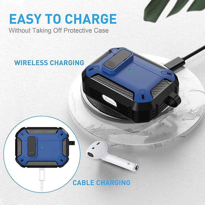 Maxjoy for AirPods Pro Case Cover with Lock, AirPods Pro 1st Generation Case for Men Military Rugged Protective Cover with Keychain Compatible with Apple AirPod Pros 2019 Front LED Visible, Blue
