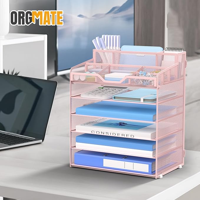 6 Tier Mesh Desk Organizer,Multi Functional Letter Paper Tray with 3 Pen Holders and 5 Adjustable Storage Compartments for Office Supplies Files and Mail Space Saving Desktop Organizer-Pink
