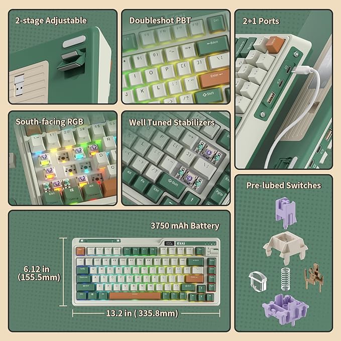 K75 PRO RGB 75% Wireless Gasket Mechanical Keyboard, Triple Mode BT 5.0/2.4G/USB-C 82 Keys Hot Swappable Gaming Keyboard w/Knob & Power Display, Custom Tactile Switches, Green