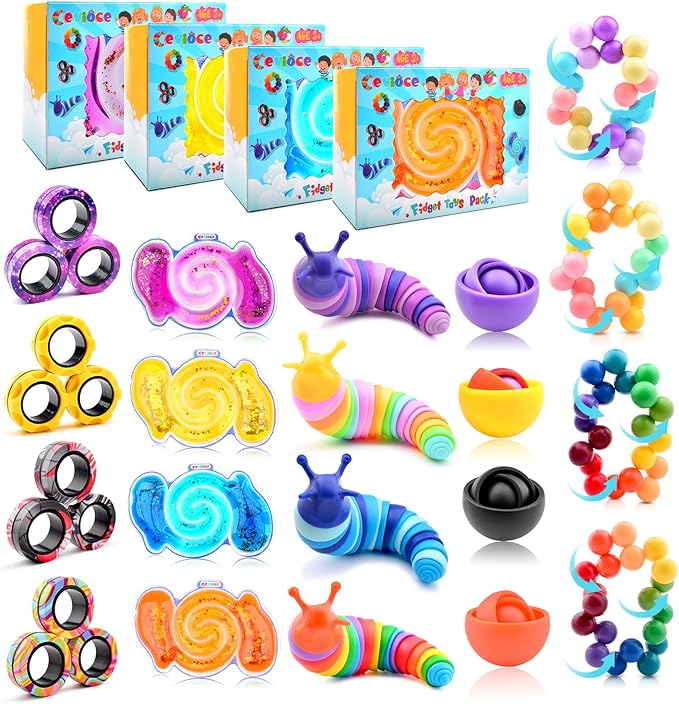 Cevioce 20Pcs Fidget Toys Adults Pack,Stocking Stuffers for Teens Boys Girls,Autism Sensory Toys with Fidget Spinner Slug Magnetic Rings,Squishy Fidget Toys ADHD Stress Relief,Party Favor for Kid-BPYO