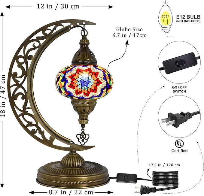 mozaist Turkish Mosaic Crescent Shape Table Lamp, Moroccan Moon Boho Handmade Desk Light, Farmhouse Rustic Living Room Decorative Lighting, Bedside Nightstand with E12 Socket & US Plug (Multicolor)
