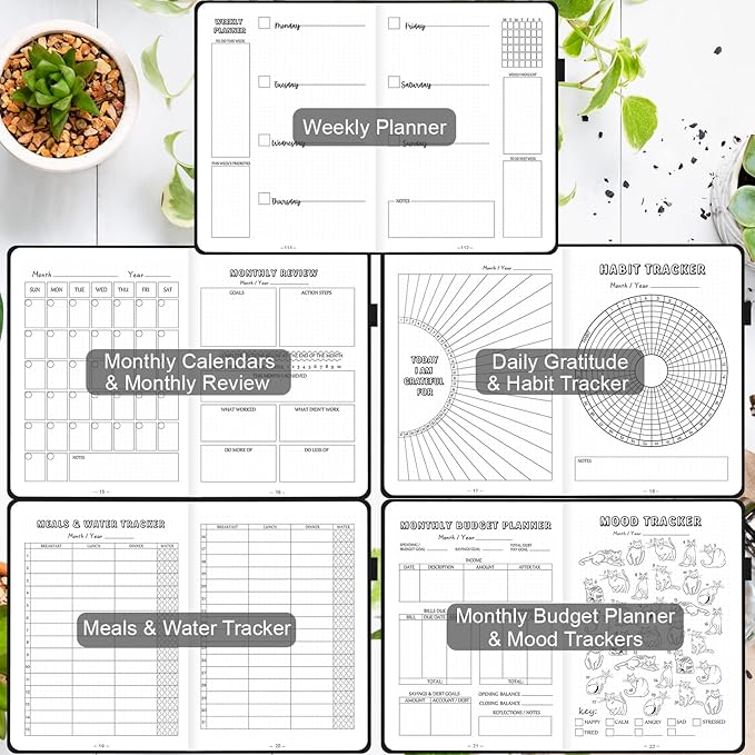 Premade Bullet Dotted Journal with Undated Weekly Monthly Planner, Pre-made Dot Grid Journaling Aesthetic Notebook for Goals Gratitude Budget Exercise Habits Mood Sleep Tracker - 12 Month