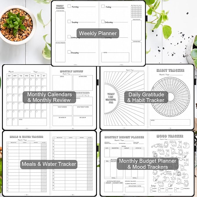 Premade Bullet Dotted Journal with Undated Weekly Monthly Planner, Pre-made Dot Grid Journaling Aesthetic Notebook for Goals Gratitude Budget Exercise Habits Mood Sleep Tracker - 12 Month