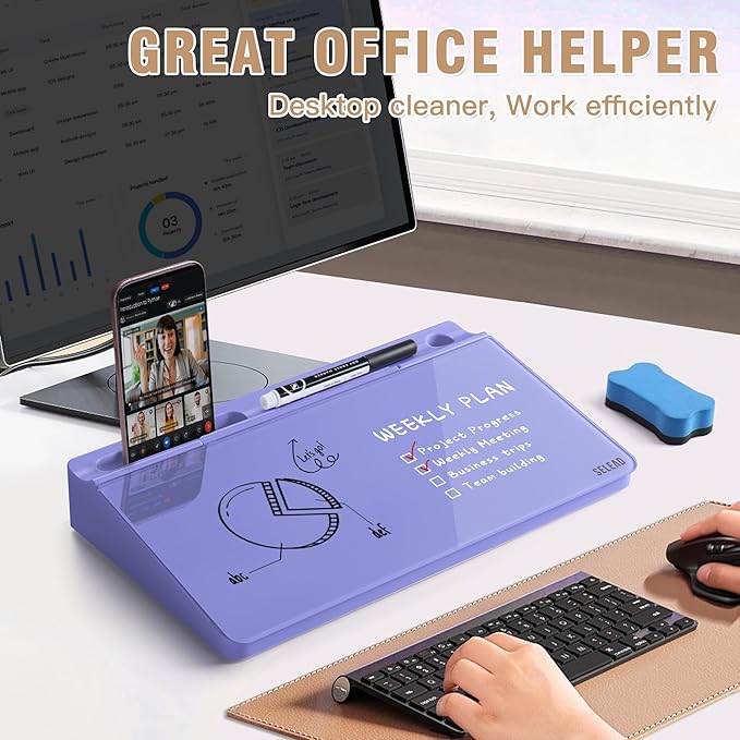 SELEAD Desktop Glass Whiteboard with Storage, Small Dry Erase White Board Computer Pad Keyboard Stand for Home, School, Office Desk Accessories - Purple